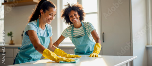 Two Women in Blue Aprons Cleaning Countertop with Yellow Gloves photo