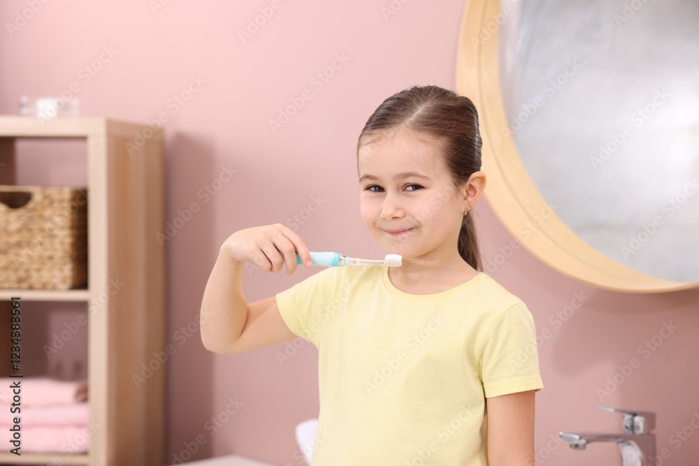 Cute girl with toothbrush in bathroom. Personal hygiene Cute girl with toothbrush in bathroom. Personal hygiene