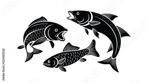 Black and white fish illustration with different swimming fish in motion, vector design for fishing and nature art