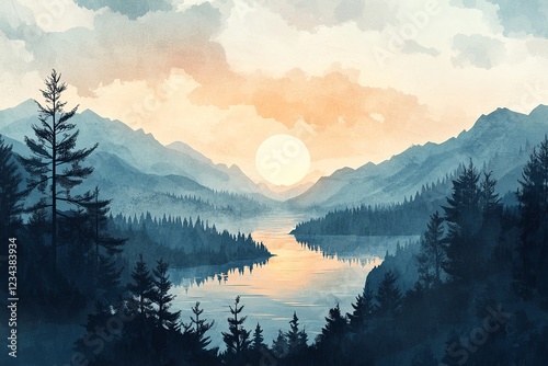 Vector illustration. A set of landscapes in a flat style. Sunrise morning forest, evening sunset scene, misty terrain with slopes, mountains by lake. Design for poster, cover, layout, brochure, flyer