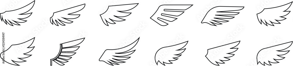 Angel wings icon set fly signs, pilot symbols graphic design elements ideal for logo, emblem badge design. Versatile for art, heraldry, animal symbolism. Ranging from simple to intricate feather scale Angel wings icon set fly signs, pilot symbols graphic design elements ideal for logo, emblem badge design. Versatile for art, heraldry, animal symbolism. Ranging from simple to intricate feather scale