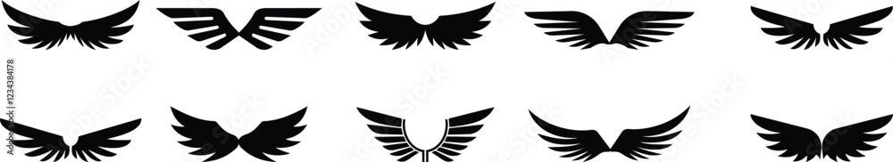 Obraz premium Angel wings icon set fly signs, pilot symbols graphic design elements ideal for logo, emblem badge design. Versatile for art, heraldry, animal symbolism. Ranging from simple to intricate feather scale