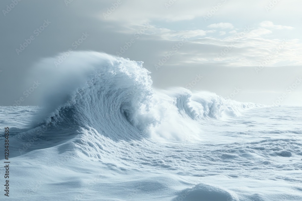 Powerful ocean waves crashing against a snowy shore during winter's calm daylight hour Powerful ocean waves crashing against a snowy shore during winter's calm daylight hour