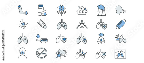 Asthma line icons set. Respiratory diseases, lungs, bronchi, spirometer, inhaler, allergens, x-ray, chest cavity, nibulizer, asthma attack vector illustration. Editable Strokes