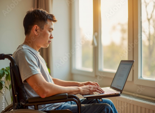 Disabled Man in Wheelchair Working on Laptop Computer photo