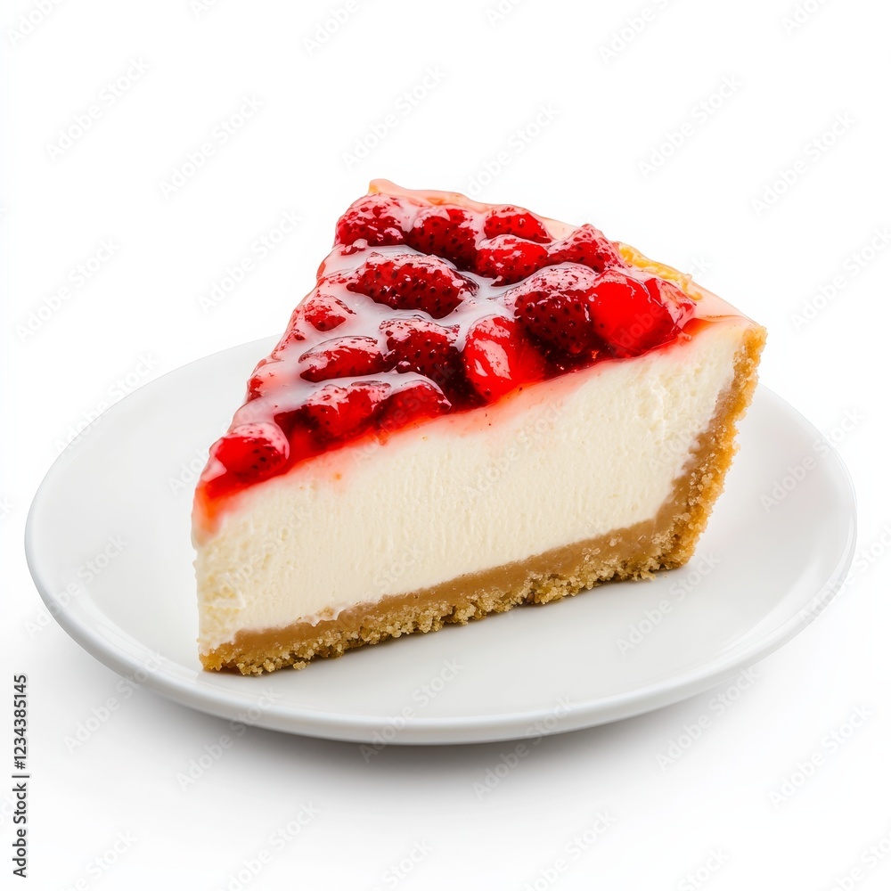 A slice of New York-style cheesecake with strawberry compote, isolated white background, realism art style A slice of New York-style cheesecake with strawberry compote, isolated white background, realism art style
