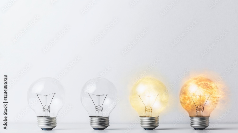 Progression of Light Bulbs from Off to Glowing with Brightness Progression of Light Bulbs from Off to Glowing with Brightness