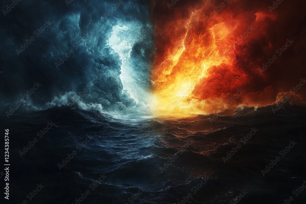 Naklejka premium Contrasting elements of water and fire collide in a dramatic landscape showcasing nature's extremes during twilight