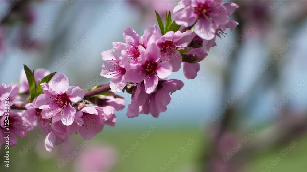 Peach tree branch blooming with pink flowers in spring Peach tree branch blooming with pink flowers in spring