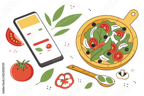 Food delivery app on smartphone, fresh vegetables and ingredients surrounding, rustic white background, colorful tomatoes, green basil leaves, wooden bowl with salad, overhead view, vibrant colors,