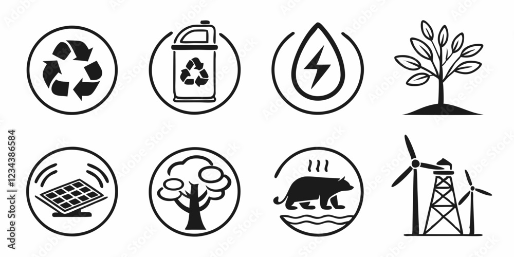 Environment Thin Line Icon Set. Containing eco-friendly practices, renewable energy, waste management, green technology, tree planting, wildlife conservation, climate action, sustainability, nature pr Environment Thin Line Icon Set. Containing eco-friendly practices, renewable energy, waste management, green technology, tree planting, wildlife conservation, climate action, sustainability, nature pr