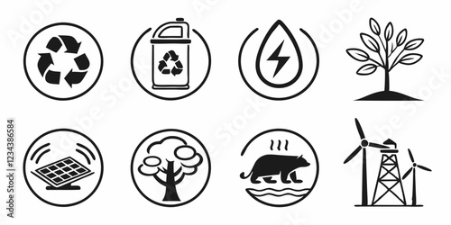 Environment Thin Line Icon Set. Containing eco-friendly practices, renewable energy, waste management, green technology, tree planting, wildlife conservation, climate action, sustainability, nature pr