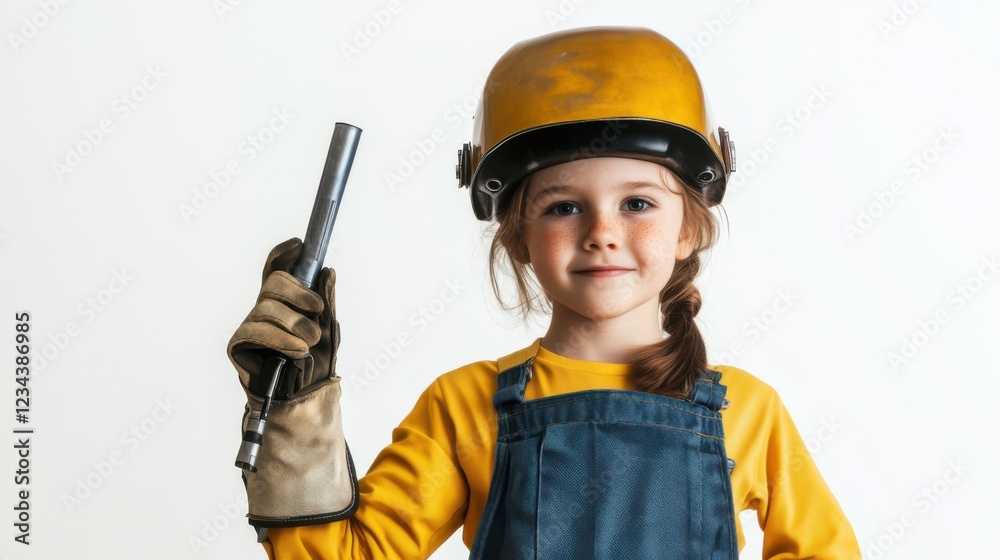 Young girl in a safety helmet and gloves holds a tool confidently in a bright studio setting