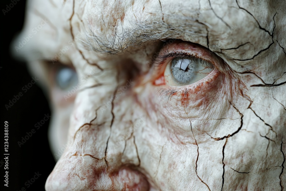 Obraz premium Detailed close-up of a weathered sculpture with visible cracks and striking eyes reflecting light