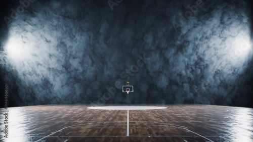 A dramatic, dimly lit basketball court in a large arena, a single spotlight illuminating the center circle while faint smoke drifts across the polished floor.