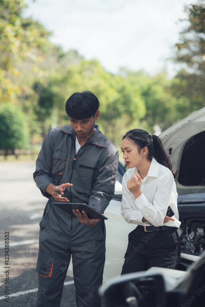 Car Trouble: A concerned young woman discusses the issue with a mechanic, who holds a tablet, possibly displaying the problem and solution. Car Trouble: A concerned young woman discusses the issue with a mechanic, who holds a tablet, possibly displaying the problem and solution.
