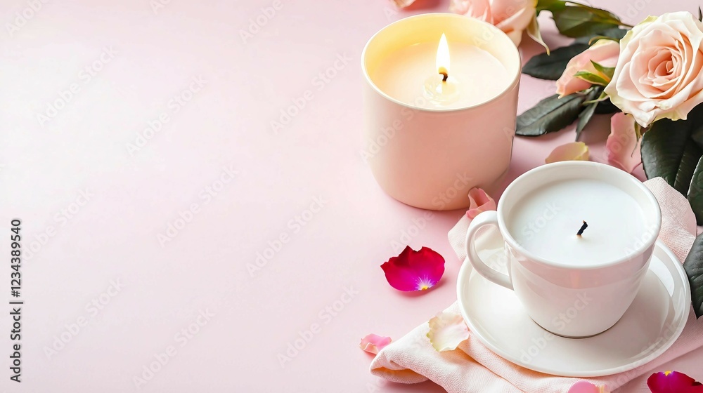 Romantic Arrangement of Candles with Roses on Soft Pink Background Romantic Arrangement of Candles with Roses on Soft Pink Background