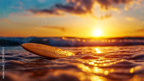 Golden Hour Surfboard on Sandy Beach