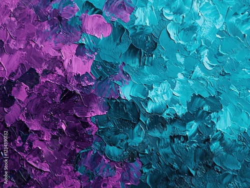 A vibrant abstract painting featuring a blend of teal and purple hues with textured brush strokes.