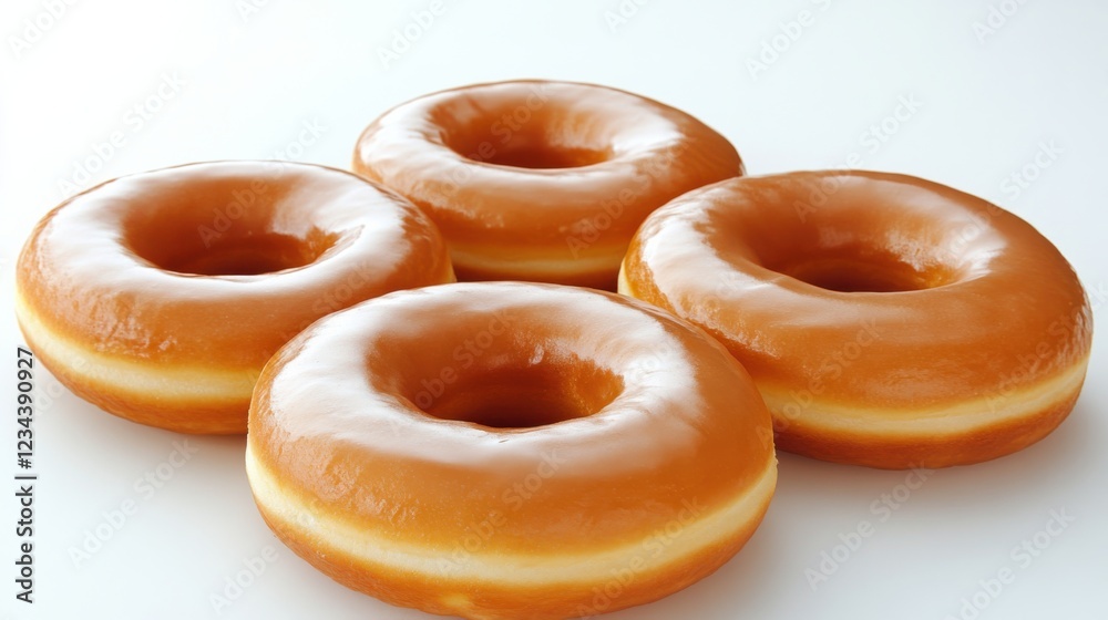 Four freshly glazed donuts arranged on a white surface, highlighting their shiny texture and softness