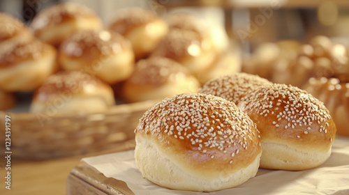 Freshly baked sesame seed buns placed on parchment paper with a soft-focus bakery background, representing fresh, homemade bakery goods and delicious comfort food. photo