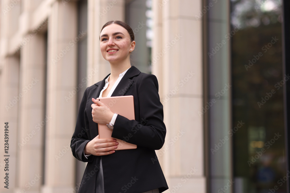 Woman in stylish formal suit with tablet outdoors Woman in stylish formal suit with tablet outdoors