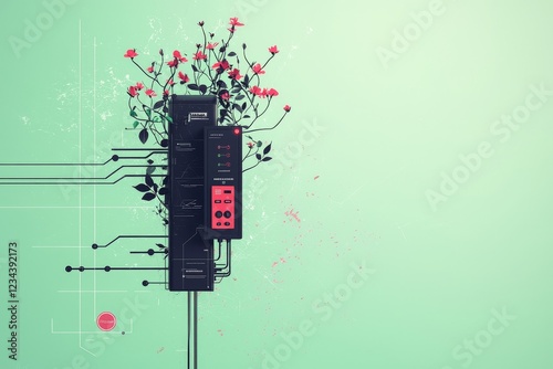 Illustration of green energy and clean technology. A smartphone is shown plugged into a power outlet that symbolizes a plant blooming abundantly with flowers during spring photo