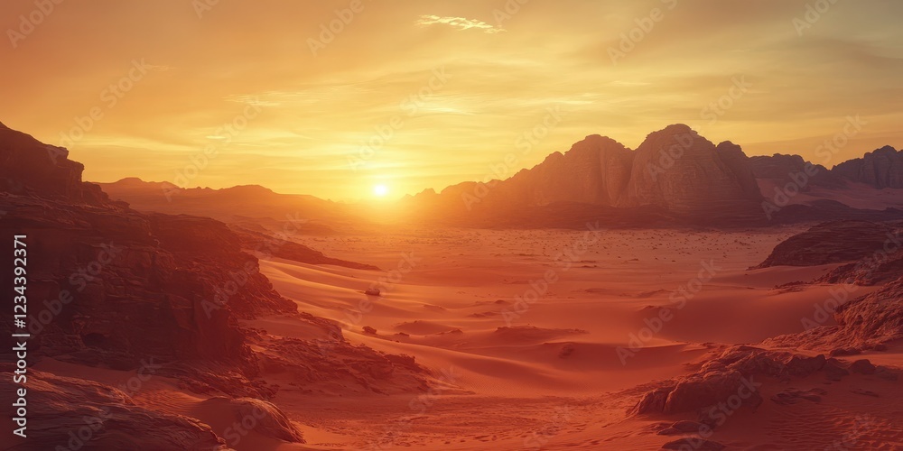 A stunning sunset over desert mountains and sands, creating a serene atmosphere. A stunning sunset over desert mountains and sands, creating a serene atmosphere.