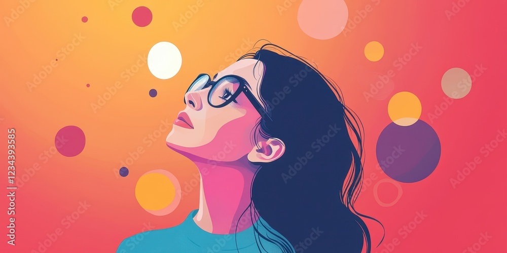 A woman gazes thoughtfully upward, surrounded by colorful abstract circles. A woman gazes thoughtfully upward, surrounded by colorful abstract circles.