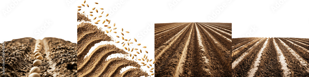 Planting seeds in prepared rows on a farm during early spring for a bountiful harvest in a rural landscape Planting seeds in prepared rows on a farm during early spring for a bountiful harvest in a rural landscape