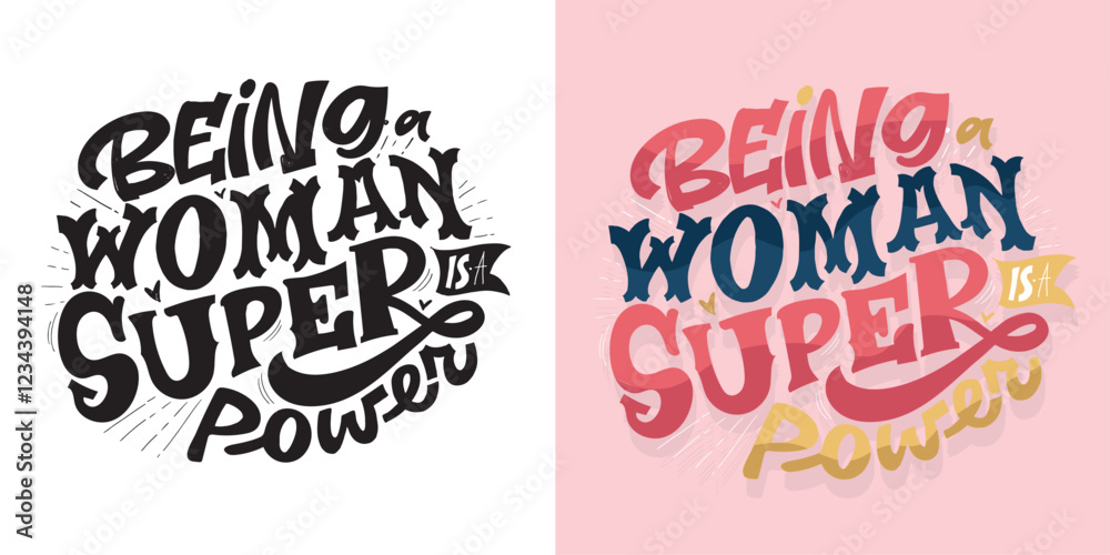 Fototapeta premium Happy Womens Day. 8 march. Cute hand drawn doodle lettering quote. Lettering for t-shirt design, mug print, bag print, clothes fashion. 100% hand drawn vector image.