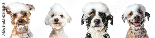 Happy dogs getting a bath with bubbles in a bright white setting during daytime grooming session photo