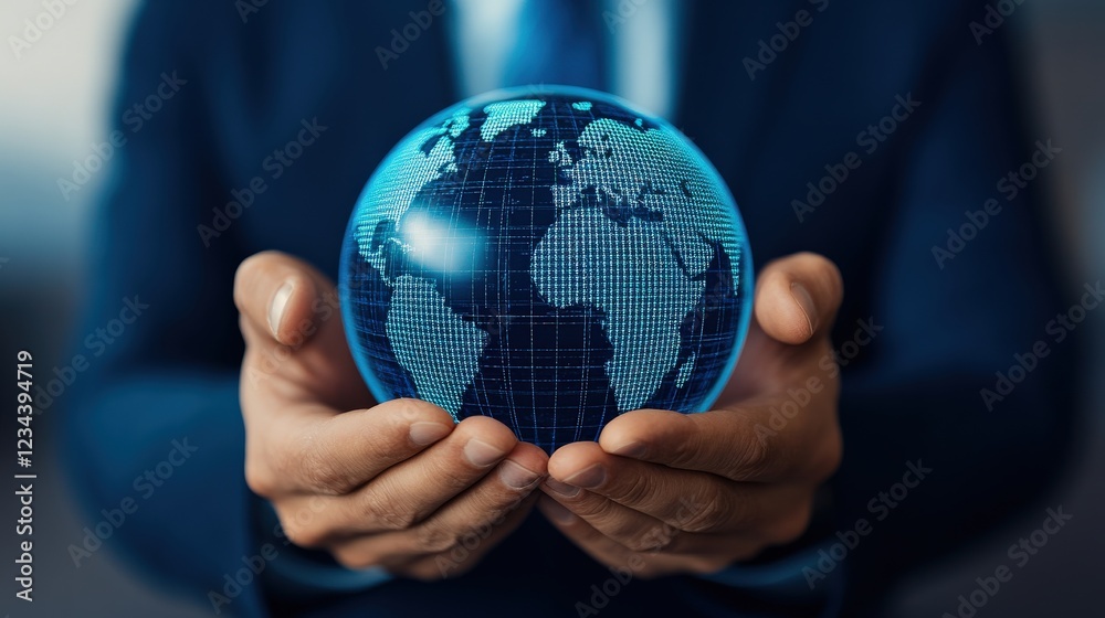 A businessman holds a glowing globe symbolizing global connectivity and innovative solutions in the corporate world. A businessman holds a glowing globe symbolizing global connectivity and innovative solutions in the corporate world.