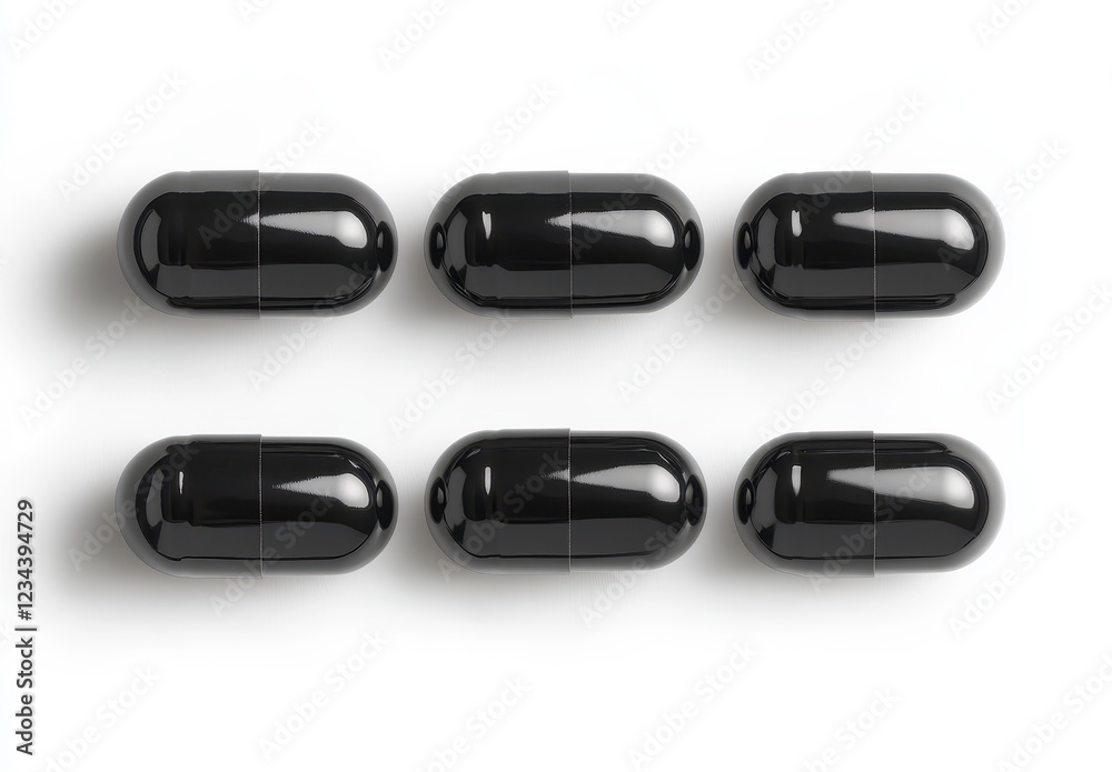Black Capsules in a Row on White Background for Medical Use Black Capsules in a Row on White Background for Medical Use