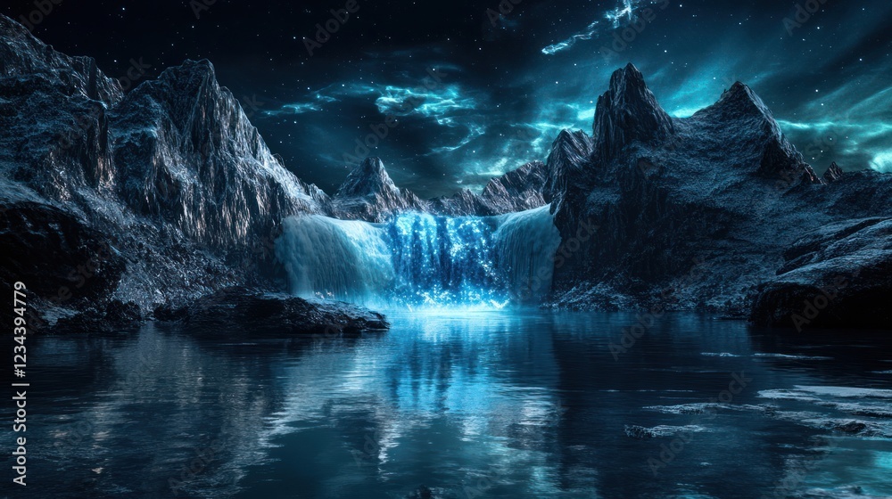 Naklejka premium Frozen waterfall at night, starry sky, mountains, calm lake; fantasy landscape