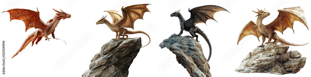 Colorful dragon sculptures perched on rocky bases in a fantasy setting highlighting intricate details and craftsmanship Colorful dragon sculptures perched on rocky bases in a fantasy setting highlighting intricate details and craftsmanship