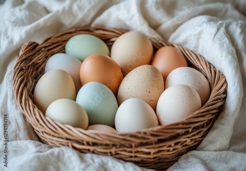 Assorted Pastel Eggs in a Woven Basket on Soft White Fabric