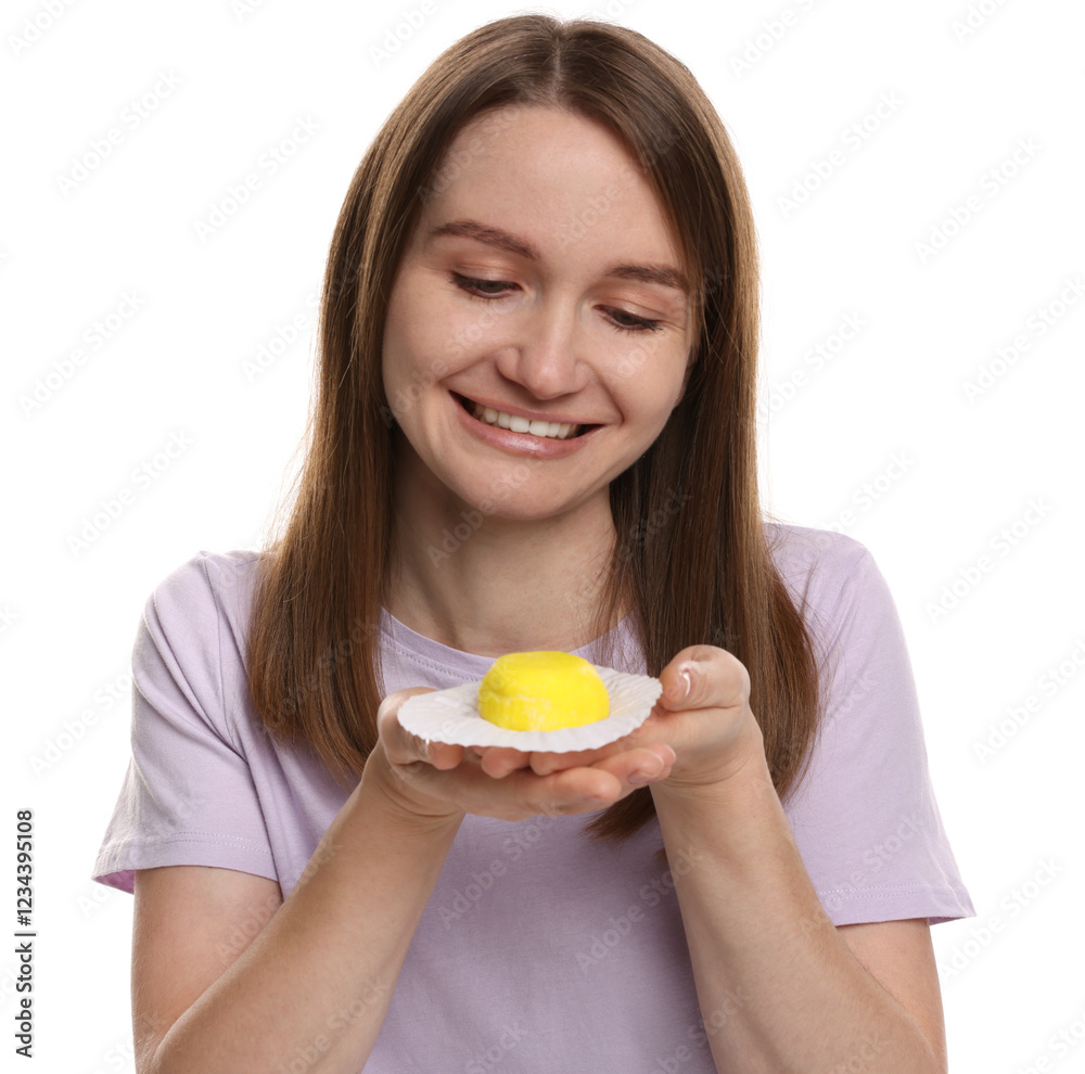 Woman with tasty mochi on white background Woman with tasty mochi on white background