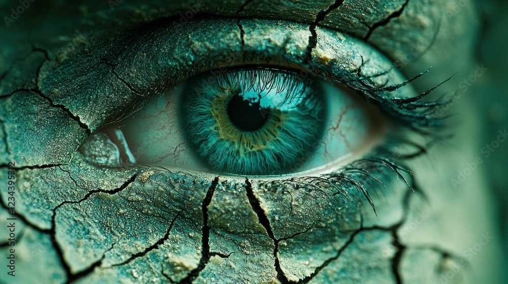Obraz premium Cracked dry skin around blue eye, closeup view