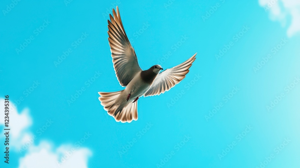 Obraz premium Bird in Flight Against a Bright Blue Sky with Fluffy Clouds