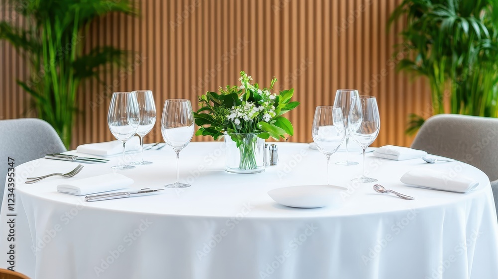 Fototapeta premium Elegant white round banquet table set for a sophisticated dining experience with fine tableware and decor.