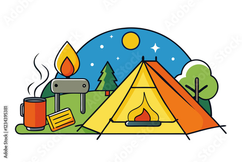 Mountaineering tents. Military and tourist tent for camping or army expedition, temporary shelter on nature landscape fields .yellow tent front view on transparent background
