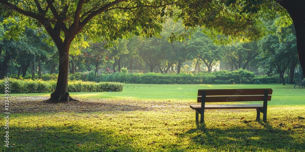 Serene park scene with green grass, a wooden bench, and large shaded trees in sunlight. Serene park scene with green grass, a wooden bench, and large shaded trees in sunlight.