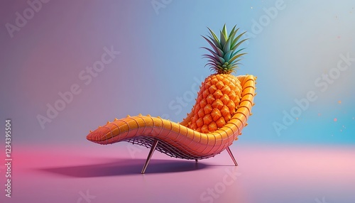 Surreal 3D Render of a Pineapple-Shaped Lounge Chair on a Pink and Blue Gradient Background