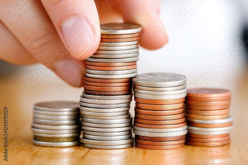Close-up of a hand stacking coins, symbolizing savings, investment, and financial growth on a wooden surface.