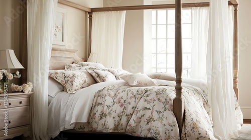 Serene Bedroom Haven: A Luxurious Four Poster Bed with Floral Bedding photo