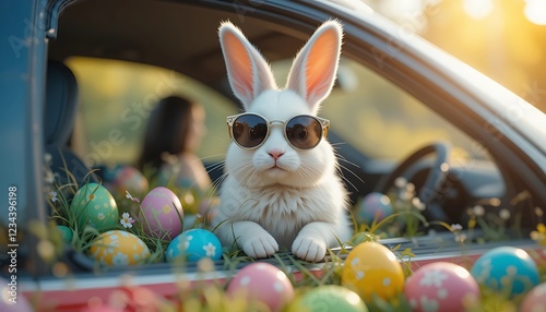 Cool Easter Bunny Wearing Sunglasses Rides in a Car Surrounded by Colorful Easter Eggs