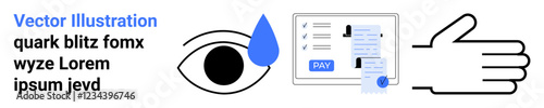 Tearful eye, invoice with payment button, and open hand gesture. Ideal for themes of financial help, donations, empathy, support, charity, emotional expression abstract line flat metaphor