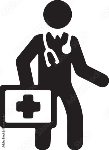 An illustration of a stickman doctor walking side by side while carrying a medical equipment bag