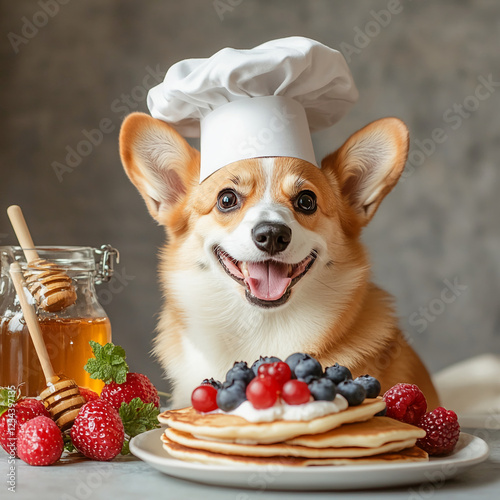 A joyful corgi dog wearing a chef hat, smiling in front of a plate of pancakes topped with berries and honey, representing a fun and cheerful breakfast scene. photo